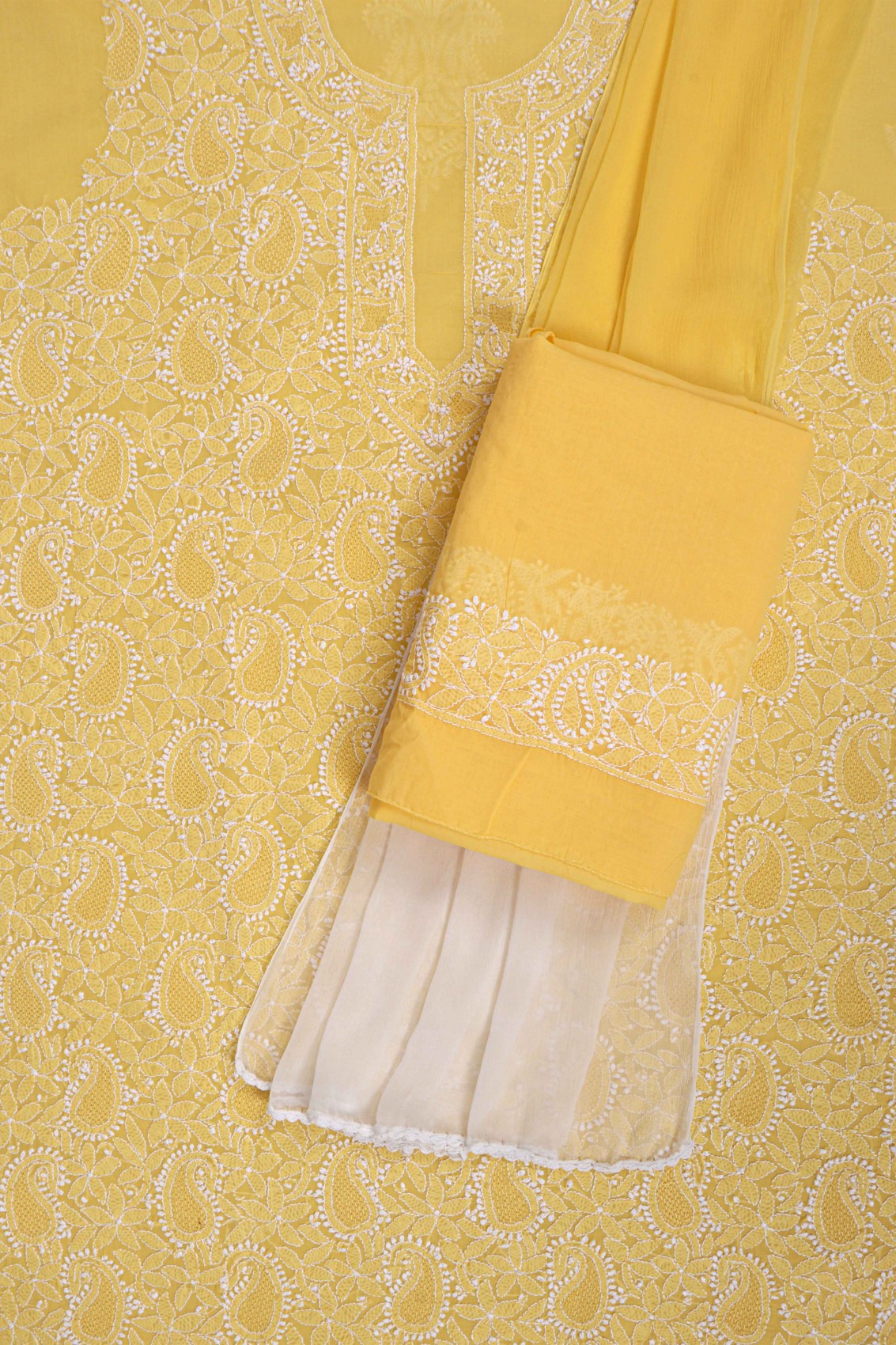 Ada Hand Embroidered Yellow Cotton Lucknowi Chikankari Unstitched Suit Piece 01A271089