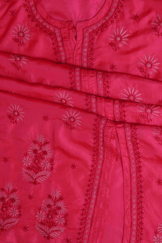 Ada Hand Embroidered Magenta Silk Lucknowi Chikan Semi-Stitched Kurta Piece-A617180