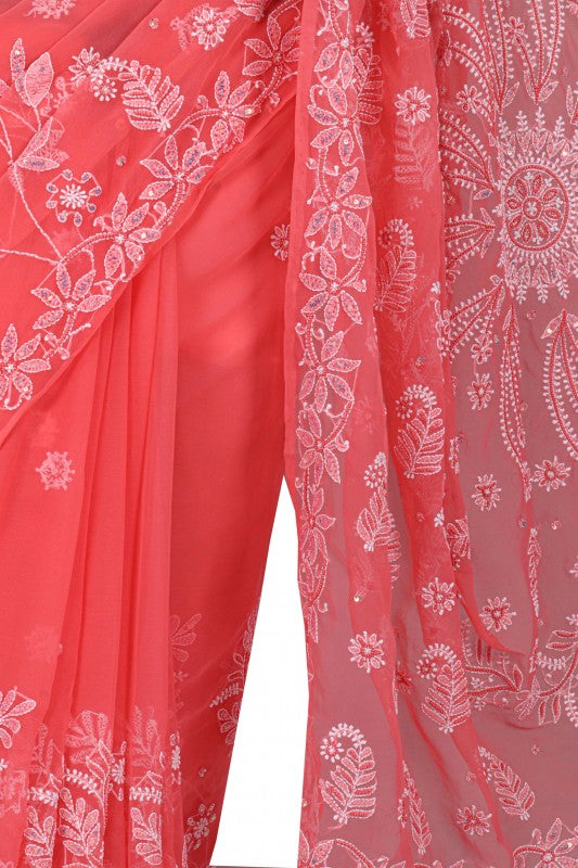 Ada Hand Embroidered Carrot Pink Georgette Lucknowi Chikankari Saree/Blouse With Pearl Work 01A194037