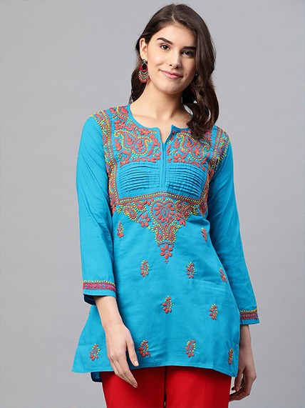 Ada Hand Embroidered Blue Cotton Lucknowi Chikankari Straight Kurti A226896
