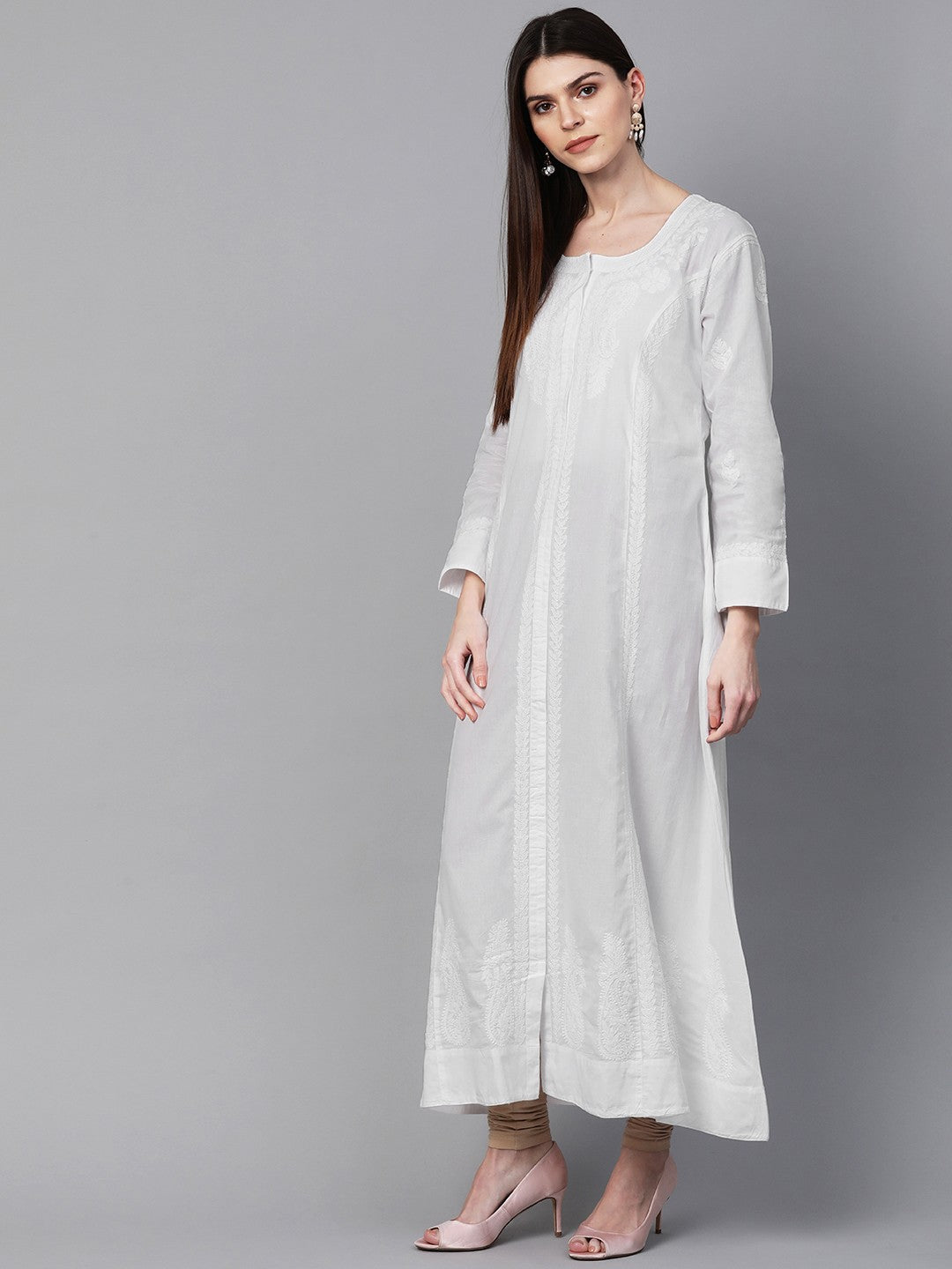 Ada Hand Embroidered White Cotton  Lucknowi Chikankari A-line Kurta A100418