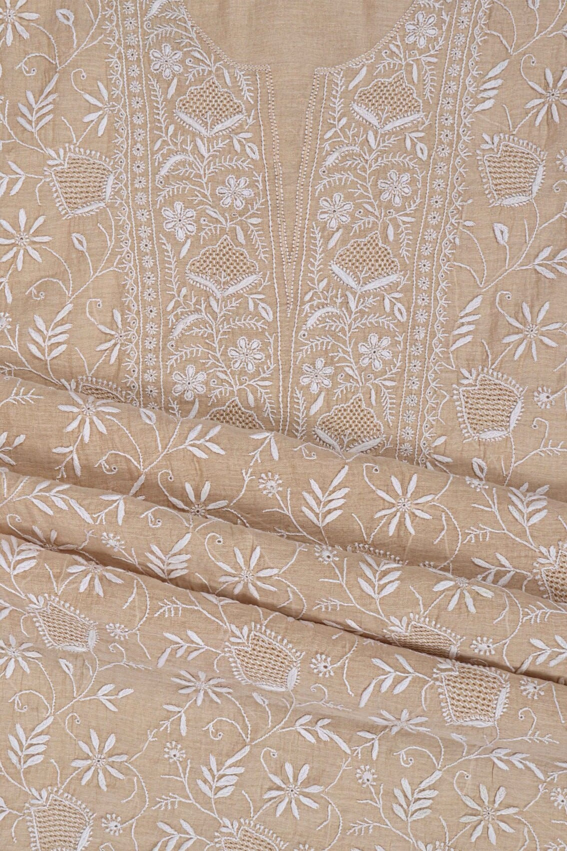 Ada Hand Embroidered Natural Fawn Tissue Lucknowi Chikankari Unstitched Kurta Dupatta Set 01A213418