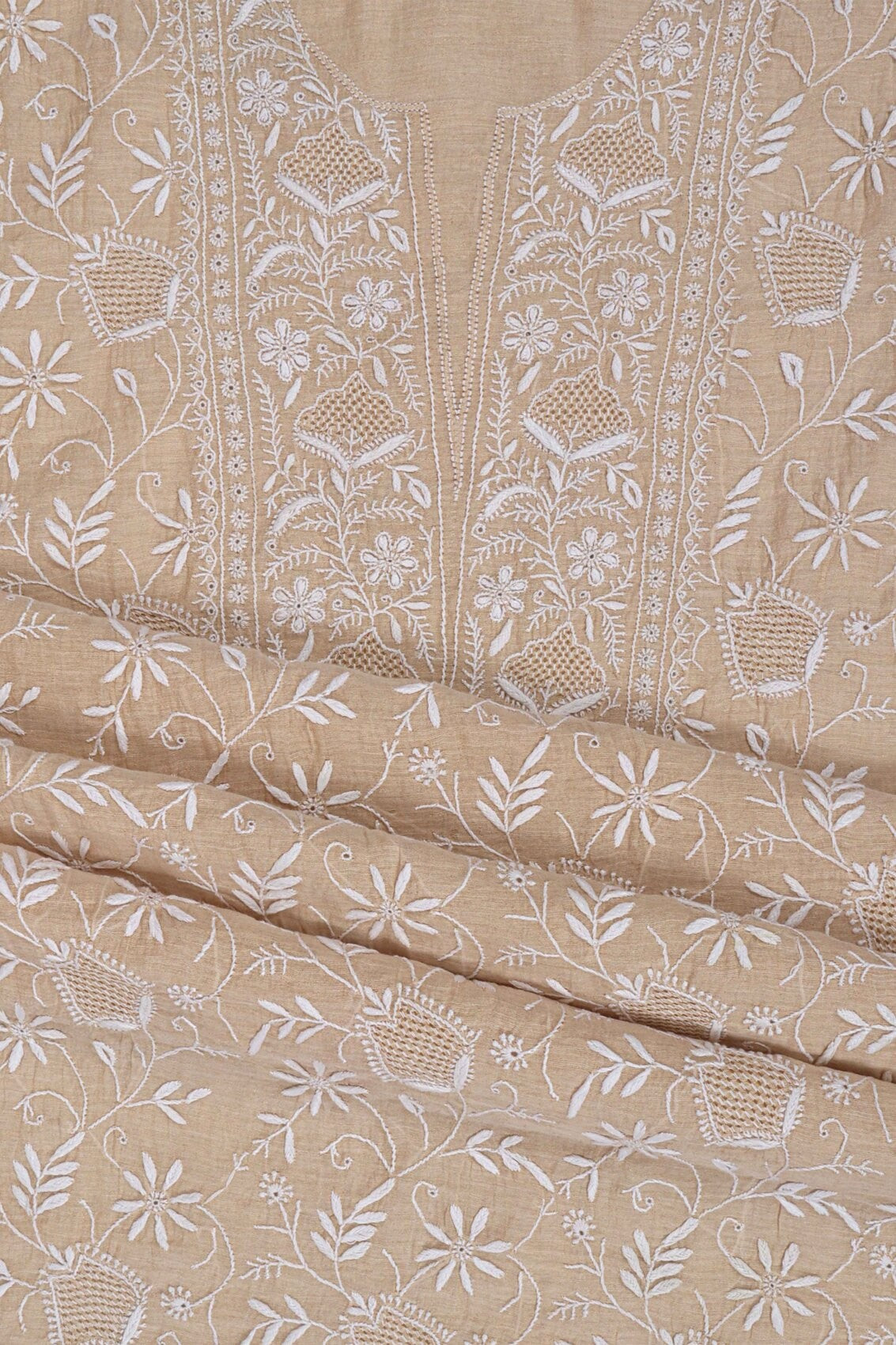 Ada Hand Embroidered Natural Fawn Tissue Lucknowi Chikankari Unstitched Kurta Dupatta Set 01A213418