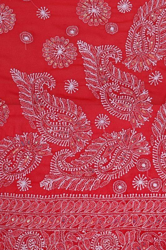 Ada Hand Embroidered Red Georgette Lucknowi Chikankari Saree/Blouse with Sequinned work 01A108206