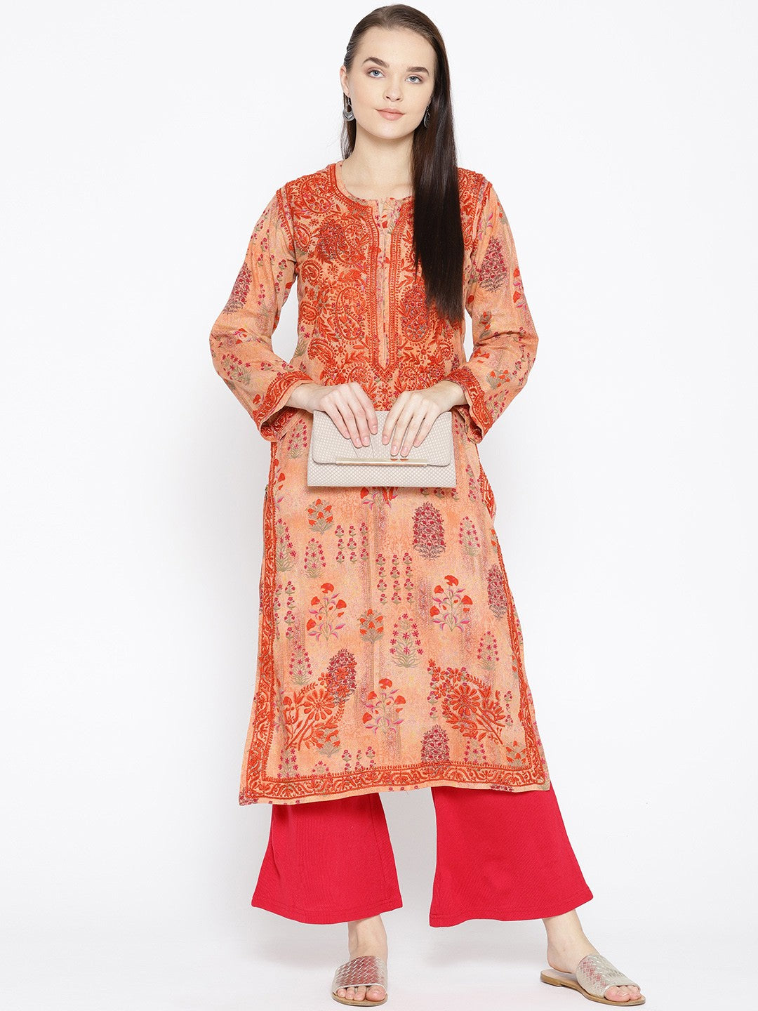 Ada Hand Embroidered Peach Printed Cotton Chikan Kurta- A100059