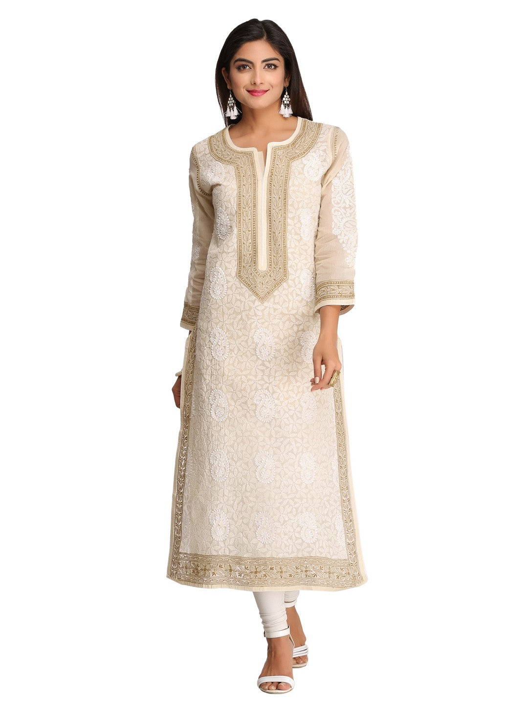 Ada Hand Embroidered Beige Cotton Lucknowi Chikankari Straight Kurta A253964