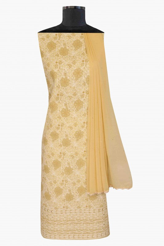Ada Hand Embroidered Fawn Cotton Lucknowi Chikan Unstitched Suit Piece With Muqaish Work-A623694