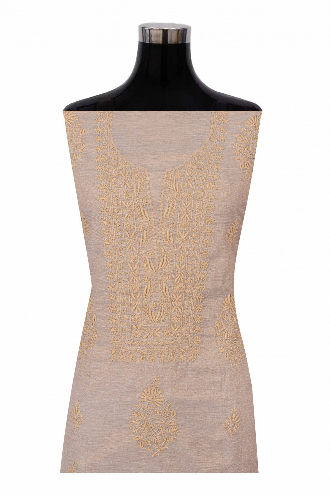 Ada Hand Embroidered Natural Fawn Tissue Lucknowi Chikankari Unstitched Kurta Dupatta Set 01A138184