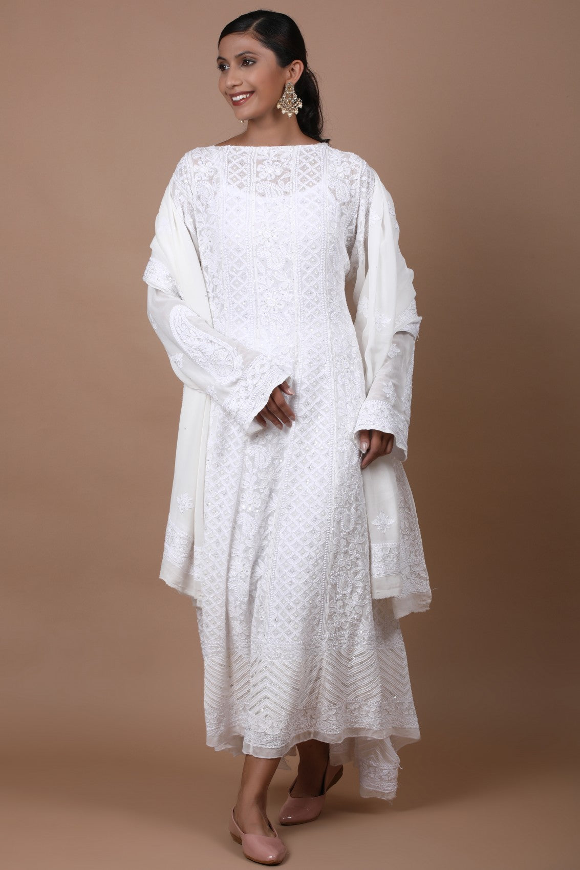 Ada Hand Embroidered White Pure Georgette Lucknowi Chikankari Semi-Stitched Anarkali Kurta Dupatta Set With Pearl Work 01A238020