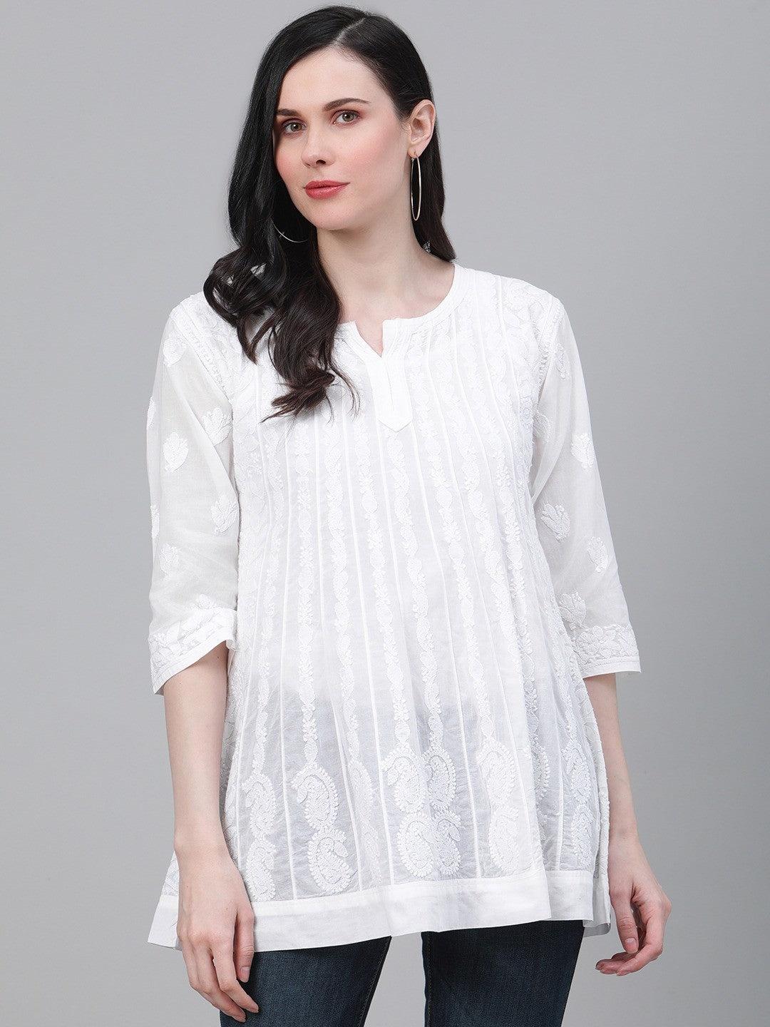 Ada Hand Embroidered White Cotton Lucknowi Chikankari A-Line Kurti A911114