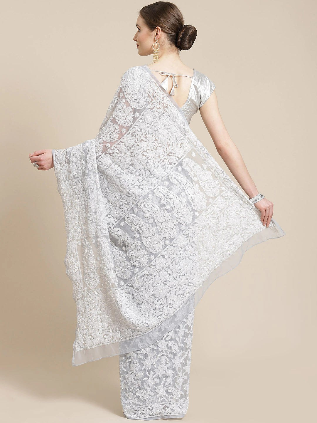 Ada Hand Embroidered Grey Georgette Lucknow Chikan Saree With Blouse- A311238