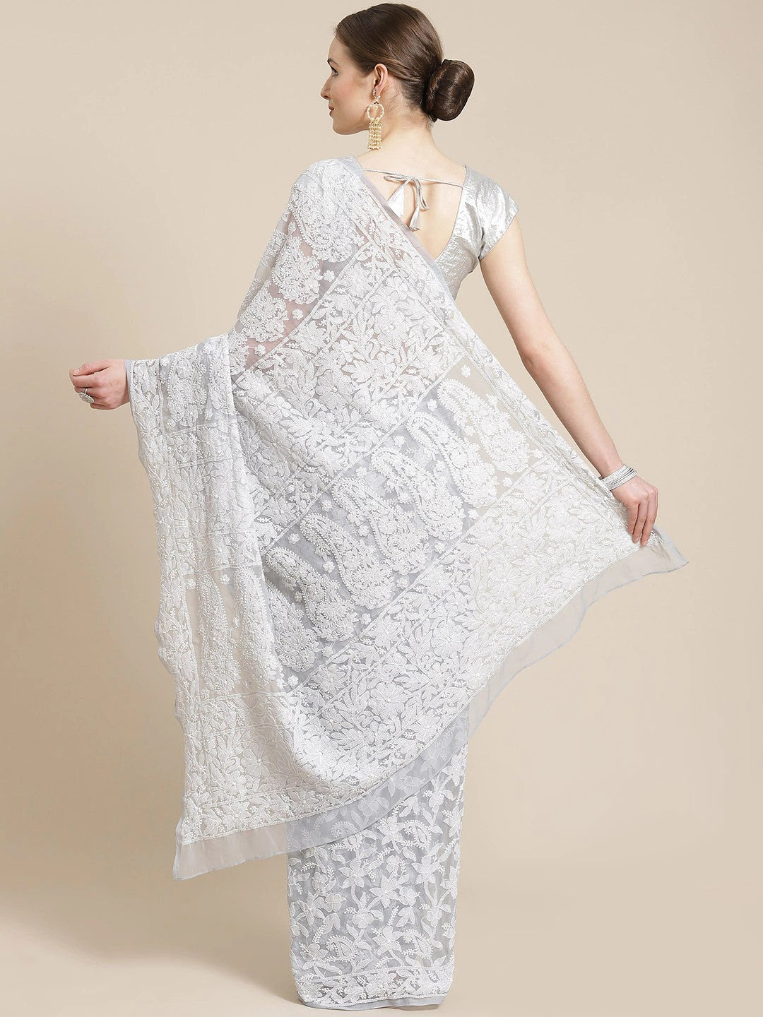 Ada Hand Embroidered Grey Georgette Lucknow Chikan Saree With Blouse- A311238