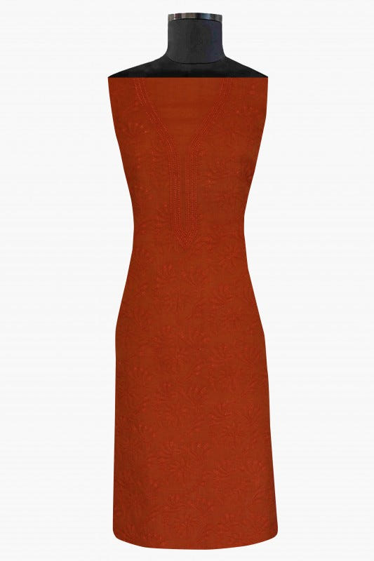 Ada Hand Embroidered Rust Tissue Lucknowi Chikan Unstitched Kurta Dupatta Set-A62147