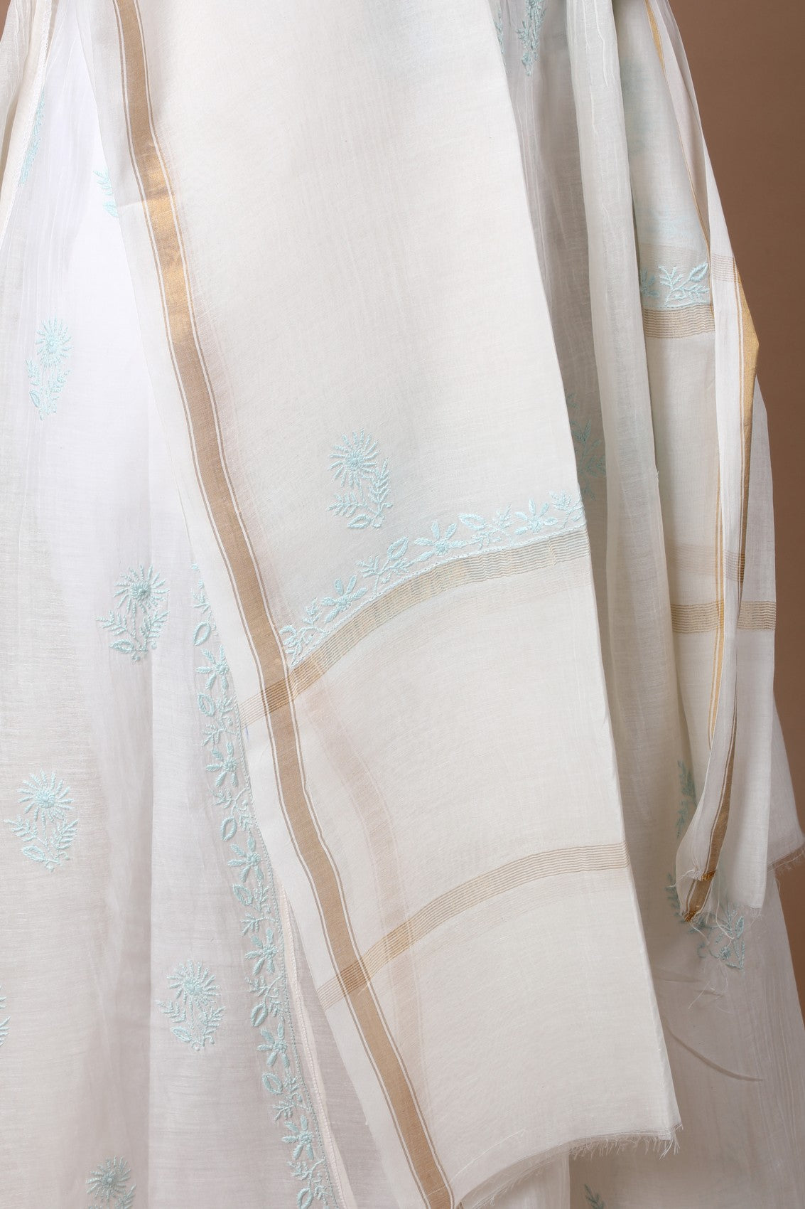 Ada Hand Embroidered Cream Chanderi Lucknowi Chikankari Semi-stitched Anarkali Kurta Dupatta Set 01A268037