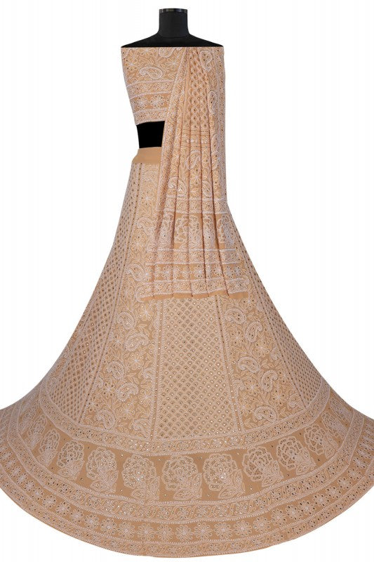 Ada Hand Embroidered Fawn Pure Georgette Lucknowi Chikankari Lehenga Set With Muqaish Work A578331