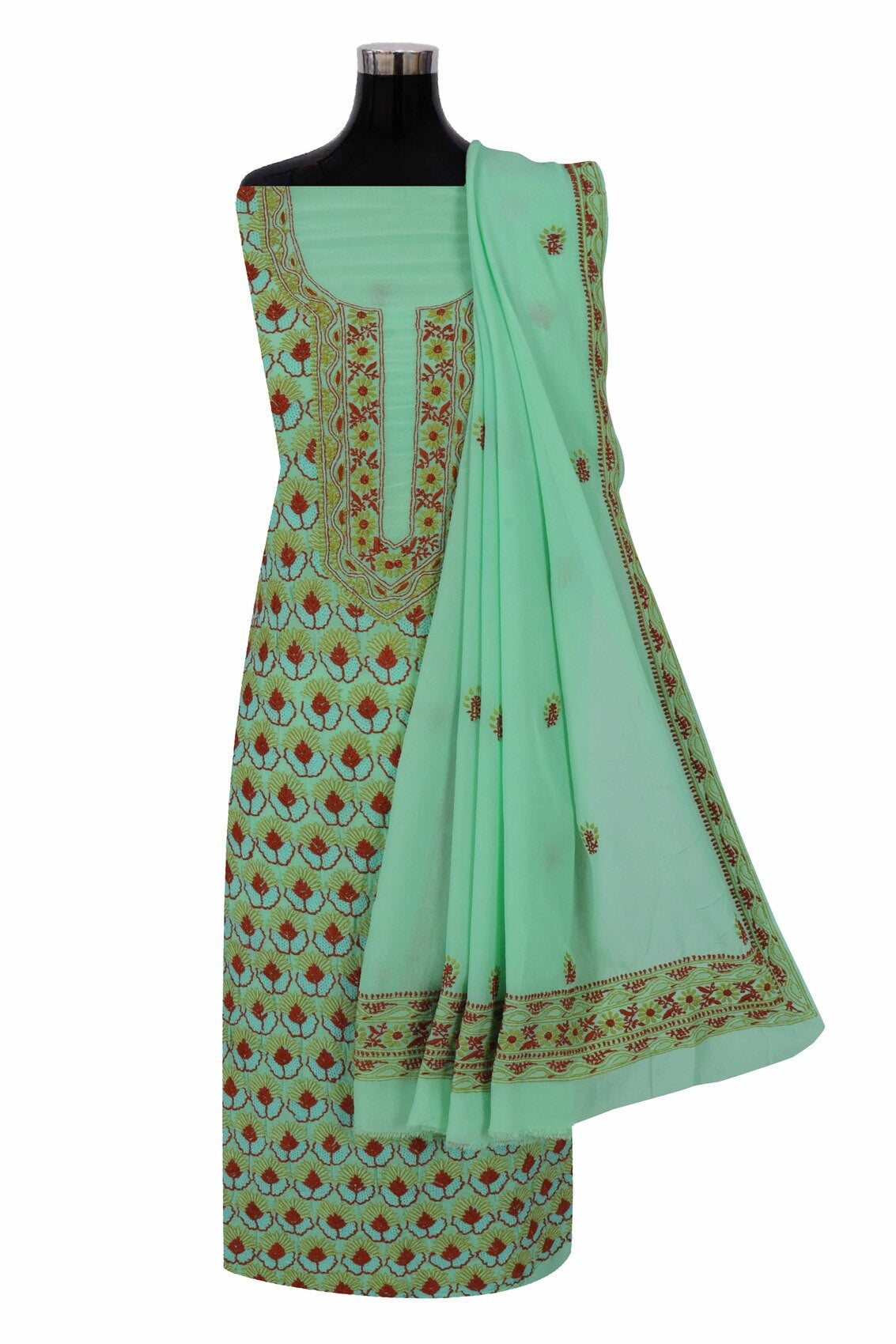 Ada Hand Embroidered Green Pure Georgette Lucknowi Chikankari Unstitched Kurta Dupatta Set A163541