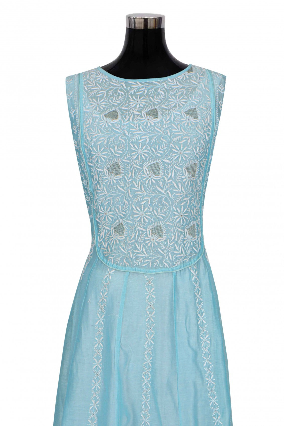 Ada Hand Embroidered Sky Blue Chanderi Lucknowi Chikankari Semi-Stitched Anarkali Kurta Dupatta Set With Zari Work 01A205817