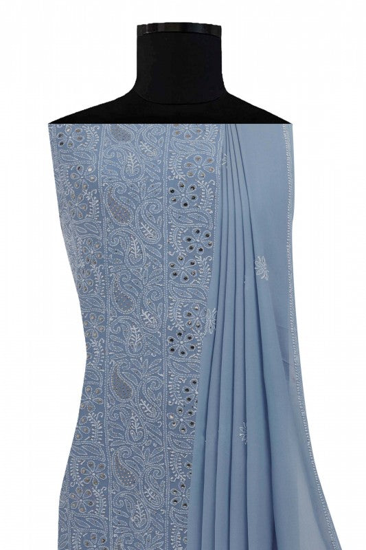 Ada Hand Embroidered Aegean Blue Pure Georgette Lucknowi Chikan Unstitched Kurta Dupatta With Muqaish Work- A608012
