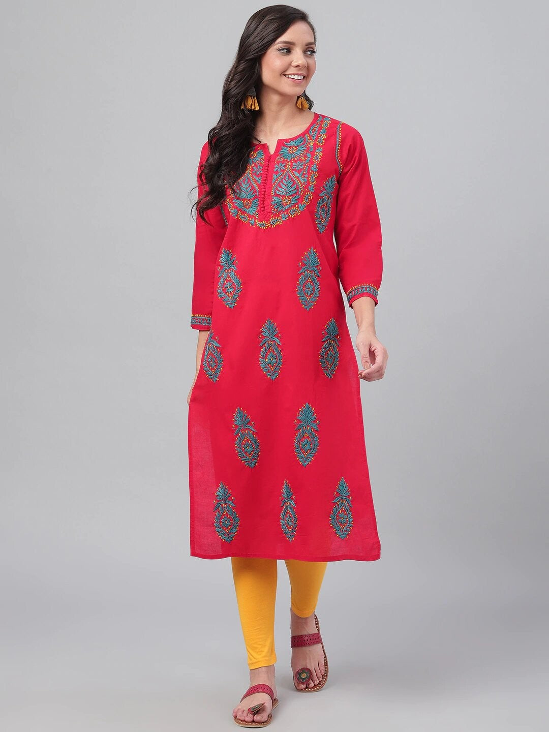 Ada Hand Embroidered Red Cotton Lucknowi Chikankari Straight Kurta A223392