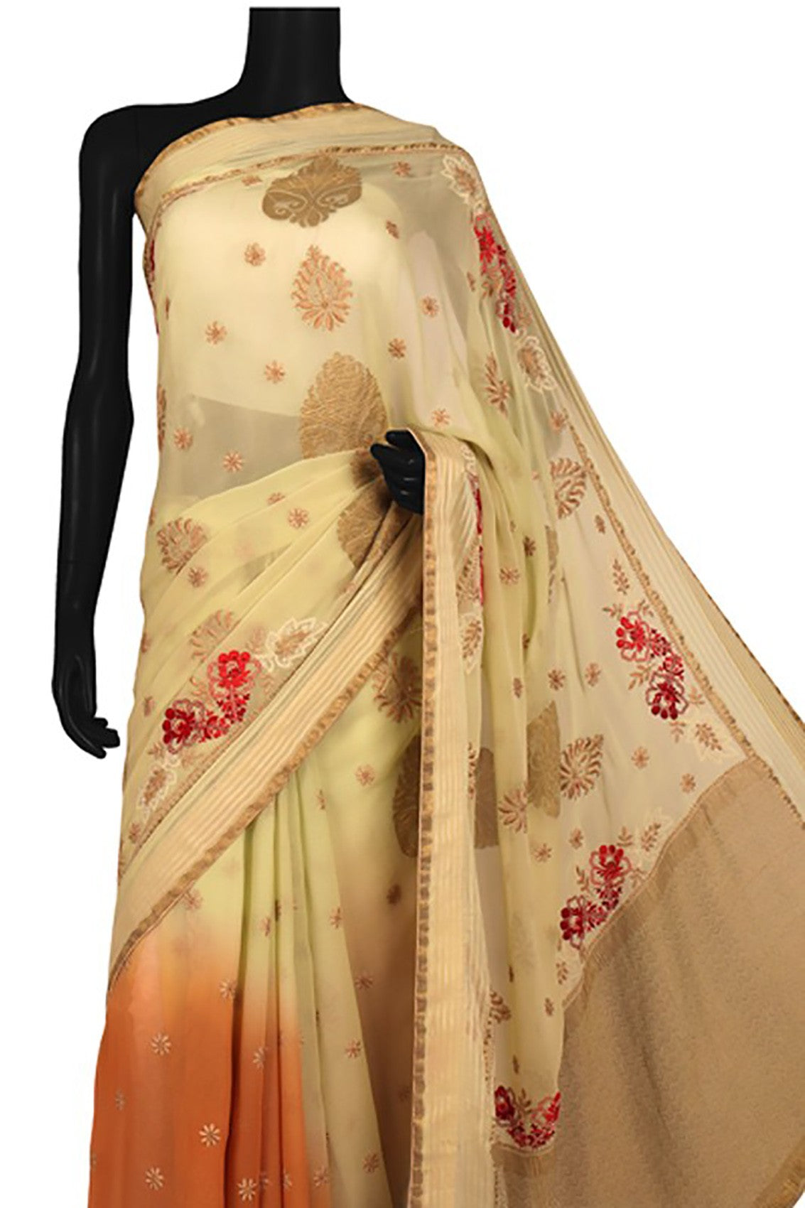Ada Hand Embroidered Orange And Green Ombre Shade Pure Georgette Lucknowi Chikankari Saree With Blouse A39741
