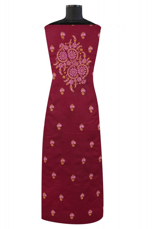 Ada Hand Embroidered Maroon Cotton Lucknowi Chikan Unstitched Suit Piece A44949