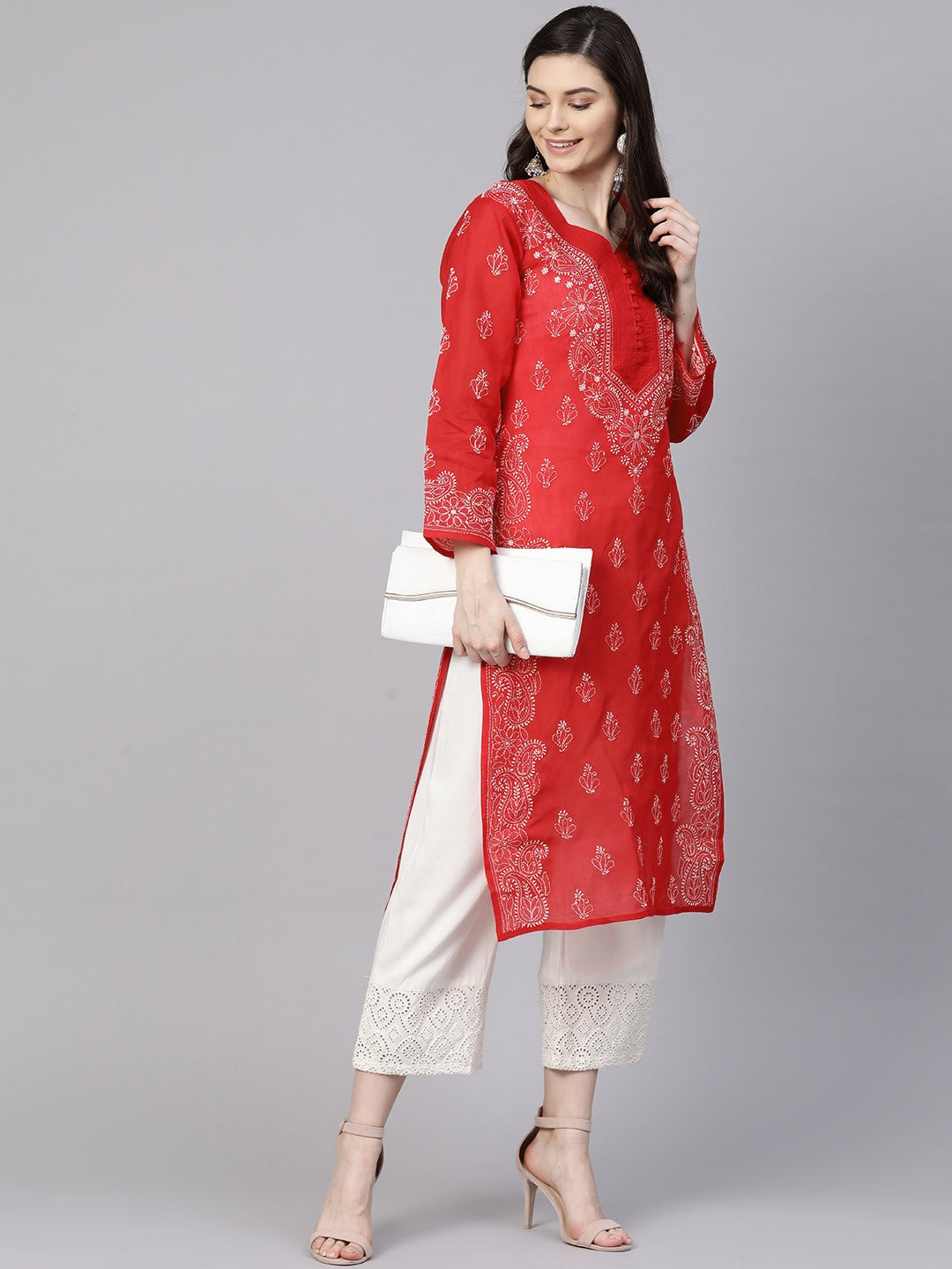 Ada Hand Embroidered Red Cotton Lucknowi Chikankari Straight Kurta A100358