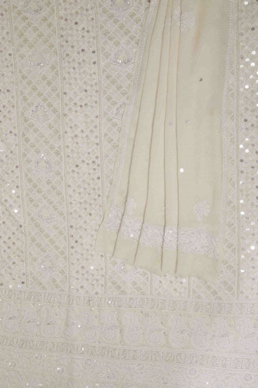 Ada Hand Embroidered White Pure Georgette Lucknowi Chikan Unstitched Kurta Dupatta Set With Pearl & Sequinned Work-01A59013