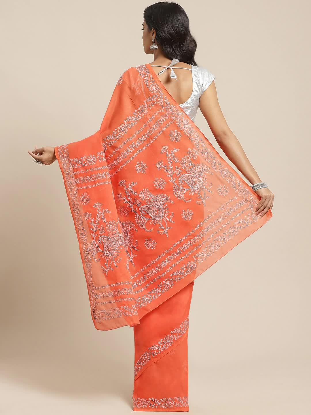 Ada Hand Embroidered Rust Cotton Lucknow Chikan Saree With Blouse- A311125