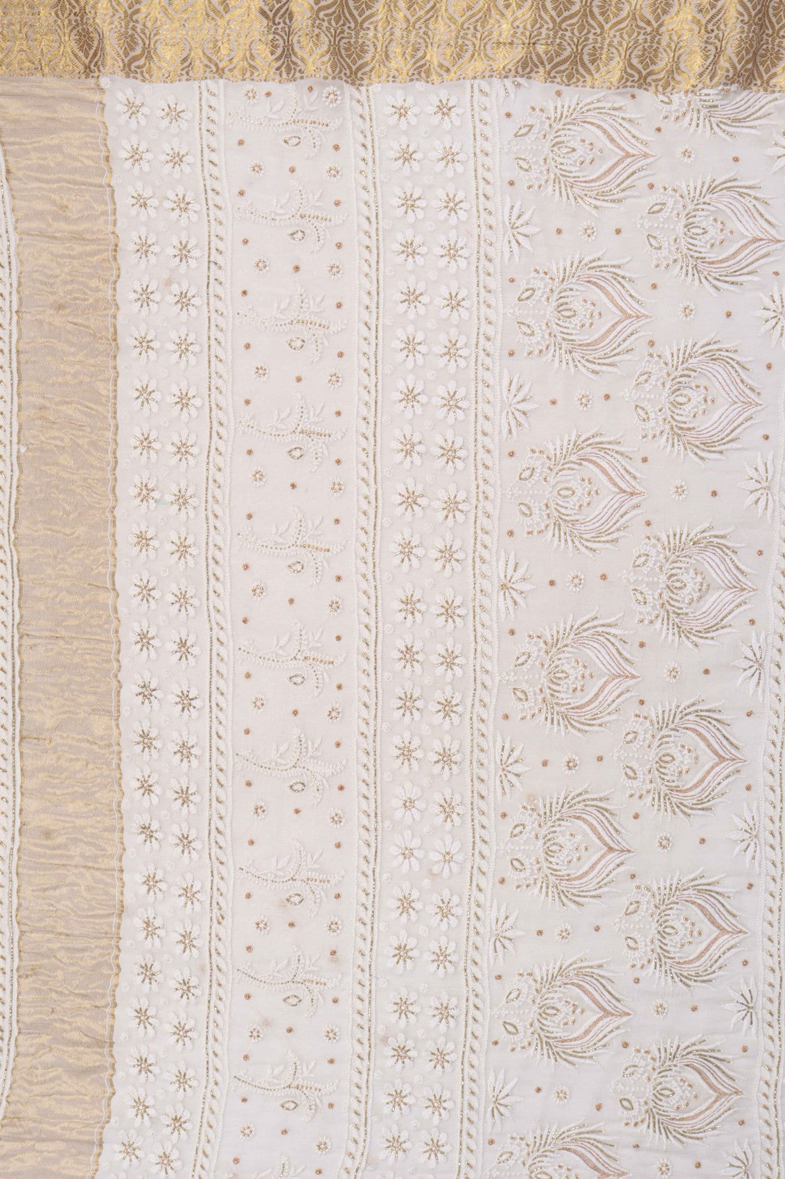 Ada Hand Embroidered White Chiffon Lucknowi Chikankari Saree/Blouse With Zari Work A491076