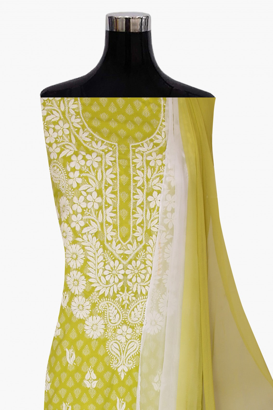Ada Hand Embroidered Green Cotton Lucknowi Chikankari Unstitched Suit Piece A211236