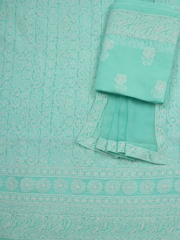 Ada Hand Embroidered Sea Green Cotton Lucknowi Chikan Unstitched Suit Piece A614599