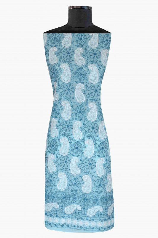 Ada Hand Embroidered Blue Cotton Lucknowi Chikan Unstitched Suit Piece-A603820