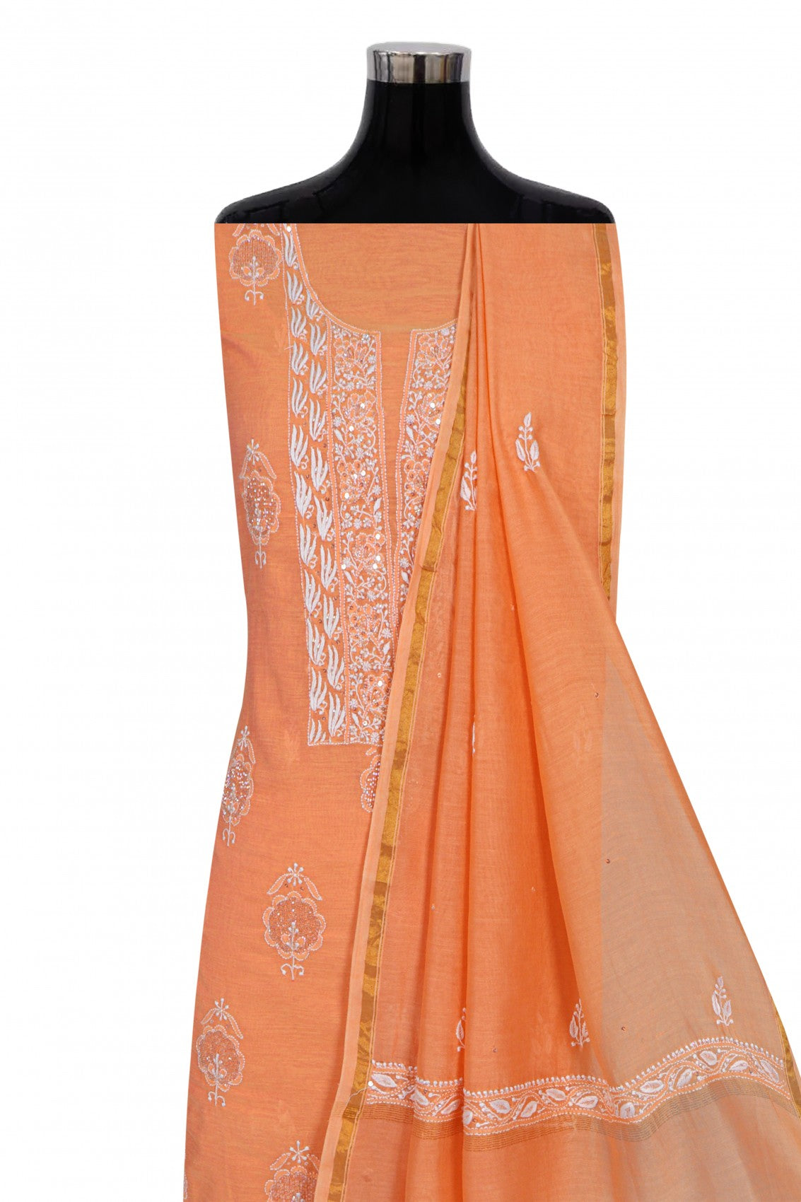 Ada Hand Embroidered Peach Chanderi Lucknowi Chikankari Unstitched Kurta Dupatta Set With Cutdana Work 01A196838