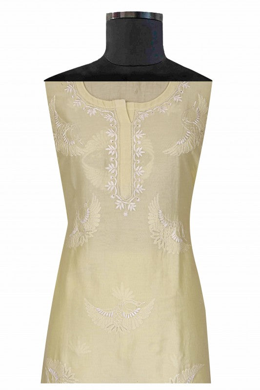 Ada Hand Embroidered Lemon Silk Chikan Unstitched Kurta Piece With Zari Work A534060