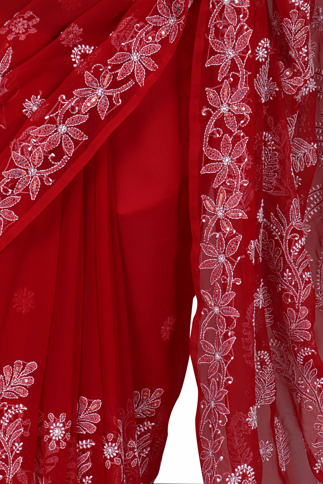 Ada Hand Embroidered Red Georgette Lucknowi Chikankari Saree/Blouse With Cutdana Work 01A194046