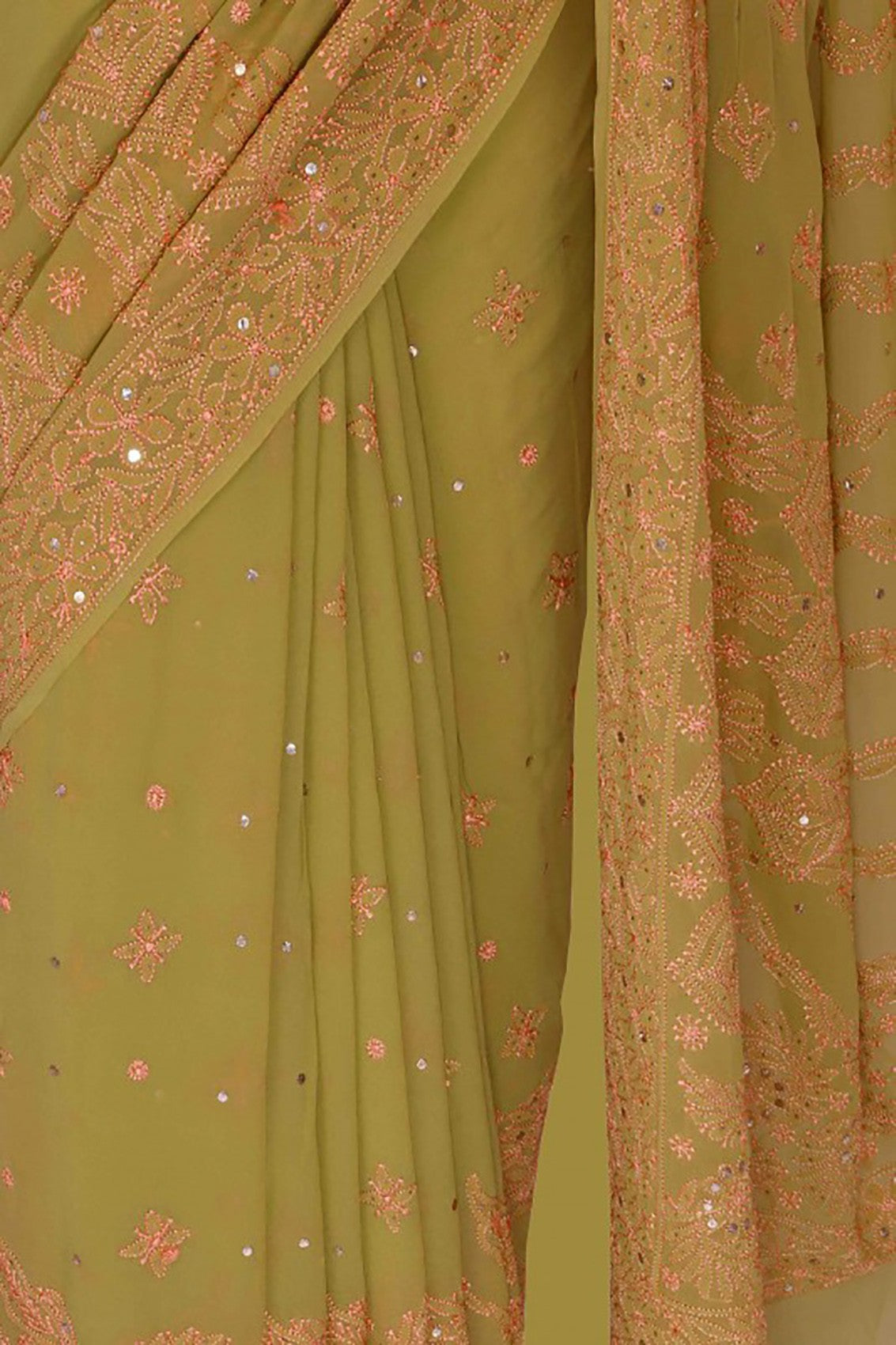 Ada Hand Embroidered Olive Green Pure Georgette Lucknowi Chikankari Saree/Blouse With Muqaish Work 01A59040