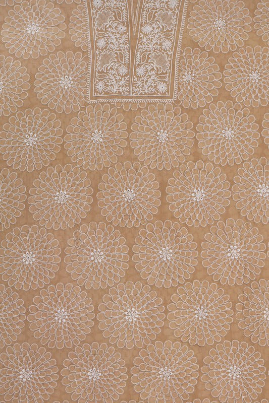 Ada Hand Embroidered Fawn Pure Georgette Lucknowi Chikan Unstitched Kurta Dupatta Set A489983