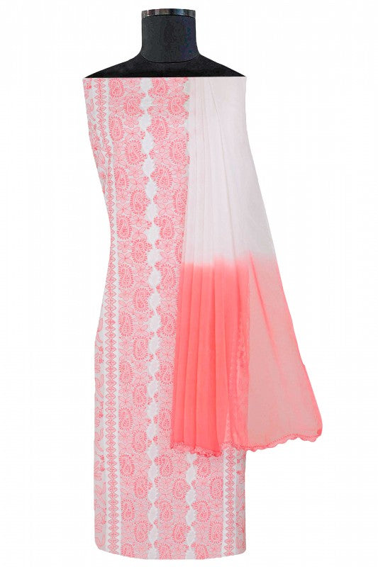 Ada Hand Embroidered White Cotton Lucknowi Chikan Unstitched Suit Piece A621425