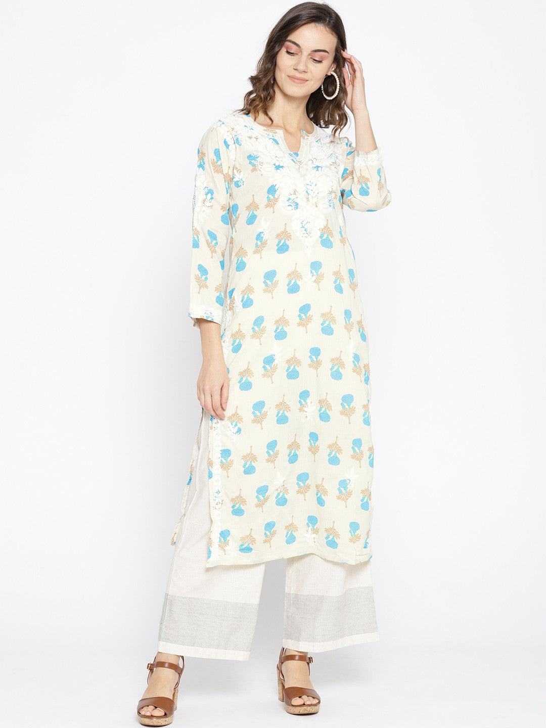 Ada Hand Embroidered Fawn Blue Cotton Lucknow Chikankari Kurta- A100028