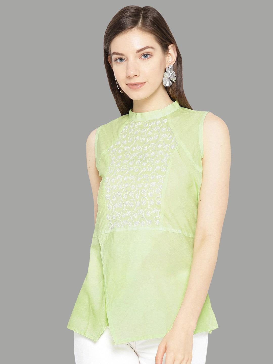 Ada Hand Embroidered Green Cotton Lucknow Chikan Top-A100077