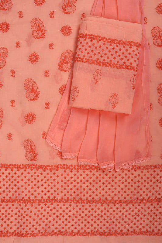 Ada Hand Embroidered Peach Cotton Lucknowi Chikankari Unstitched Suit Piece 01A179344
