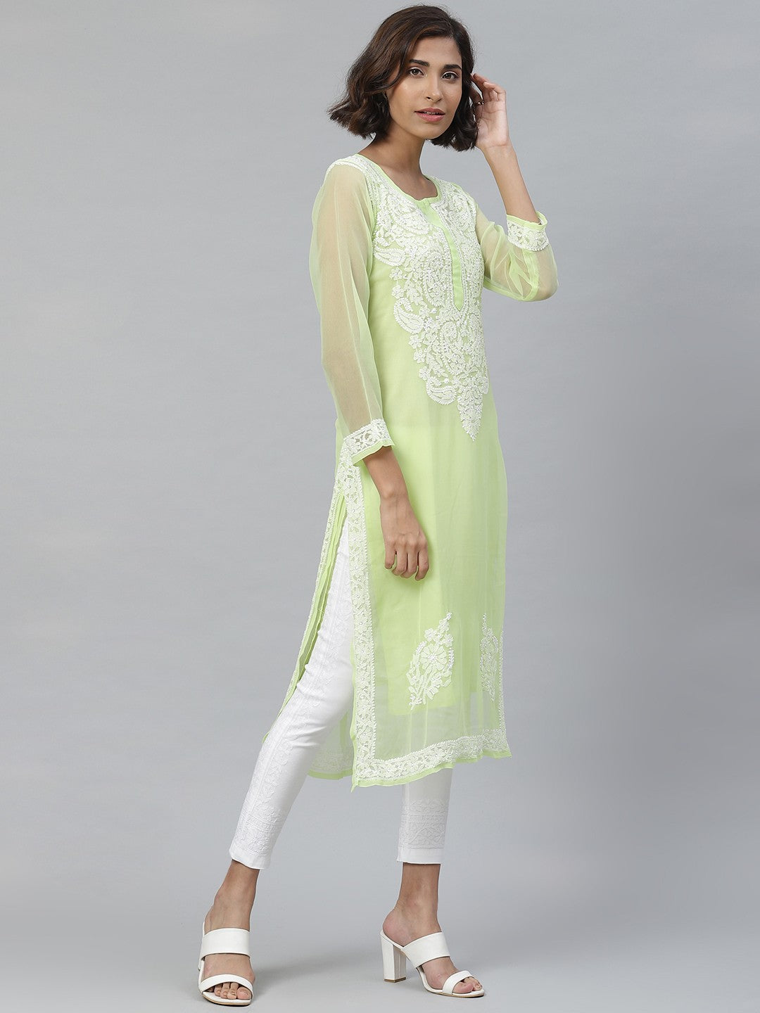 Ada Hand Embroidered Green And White Georgette Lucknow Chikankari Kurta Set with Slip A811113