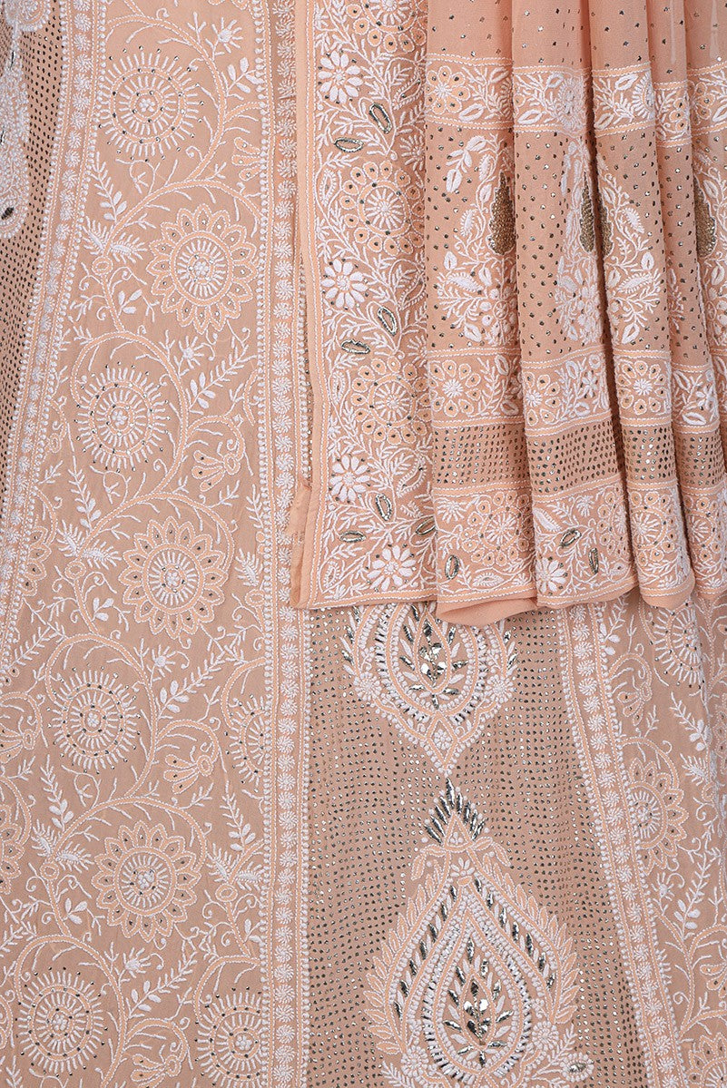 Ada Hand Embroidered Peach Pure Georgette Lucknowi Chikankari Lehenga Set with Muqaish Work A291941