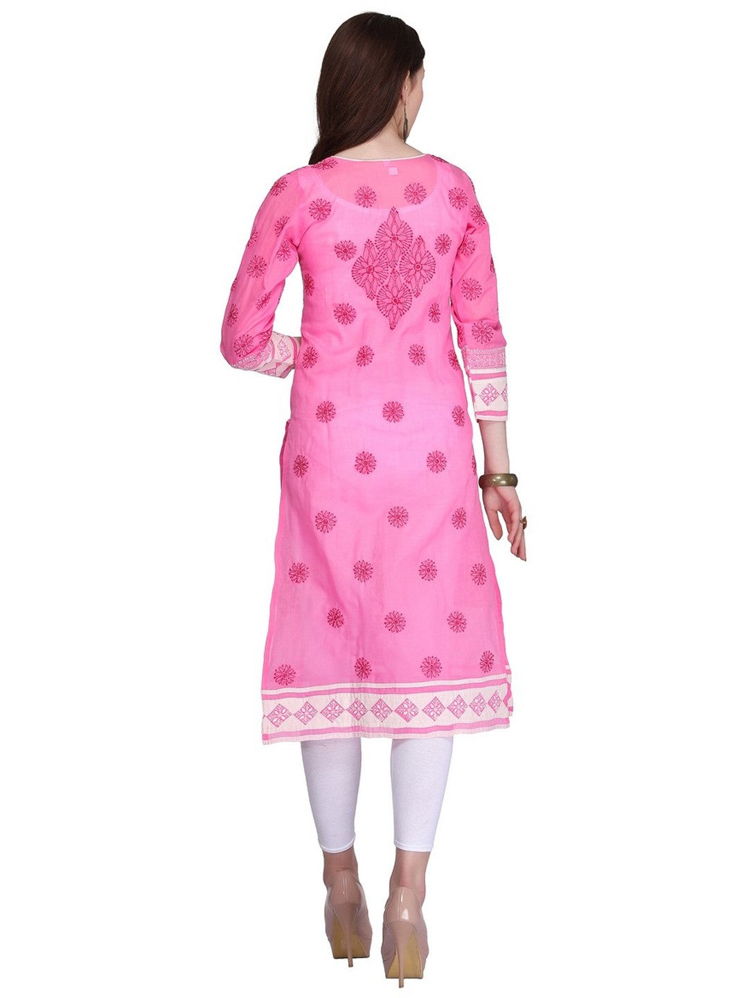 Ada Hand Embroidered Pink Cotton Lucknow Chikan Kurti- A272678