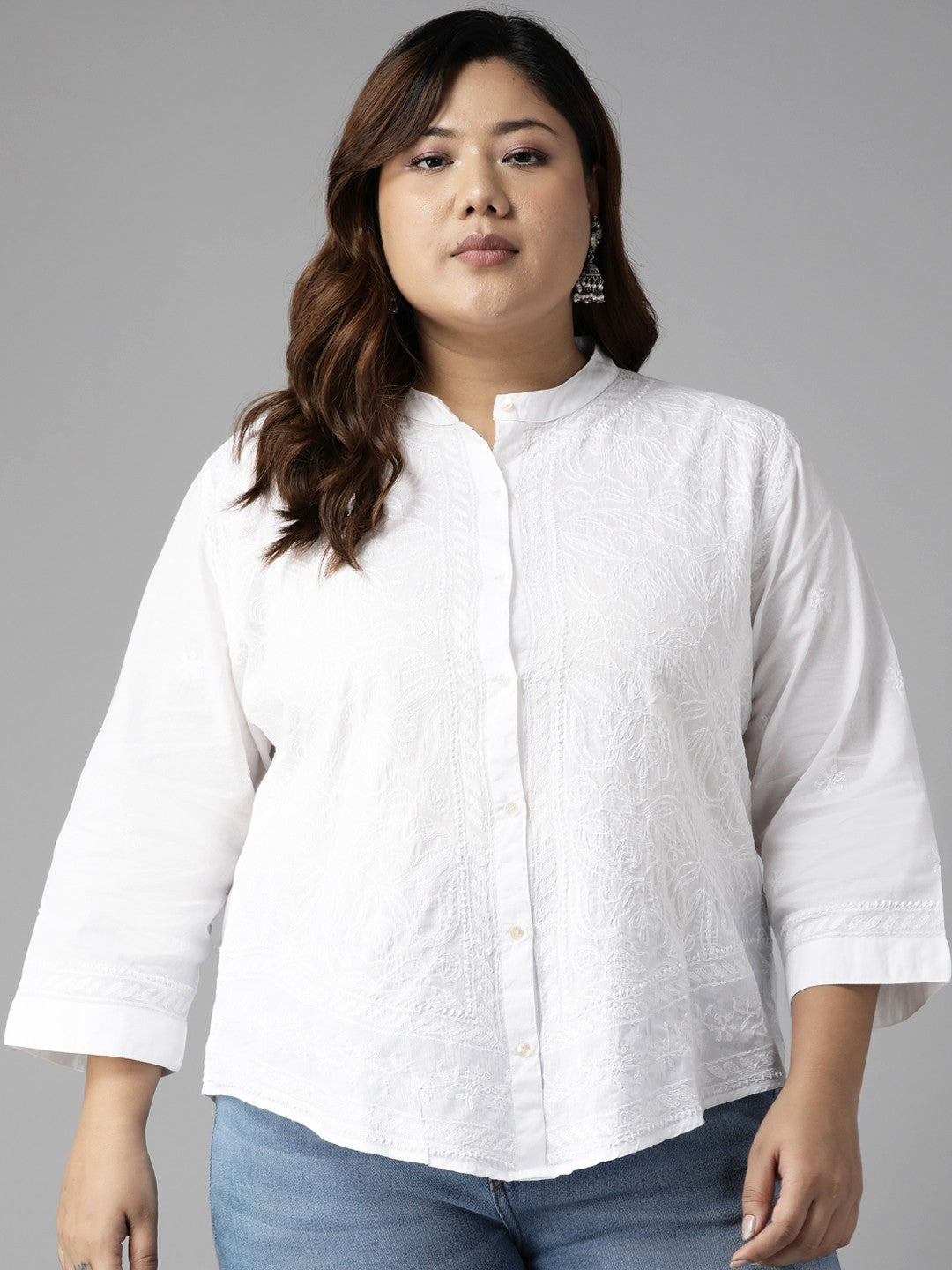 Ada Hand Embroidered White Cotton Lucknowi Chikankari Shirt A911221