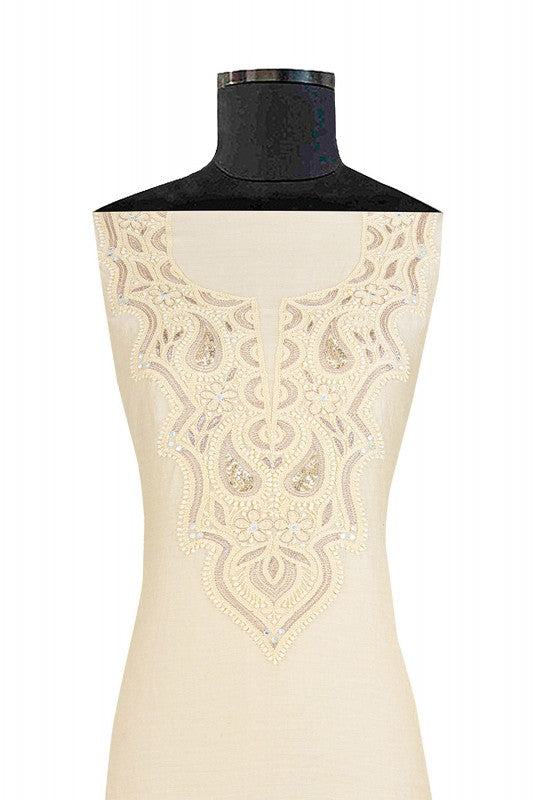 Ada Hand Embroidered Cream Chanderi Chikan Unstitched Kurta Piece With Sequinned Work- A485133