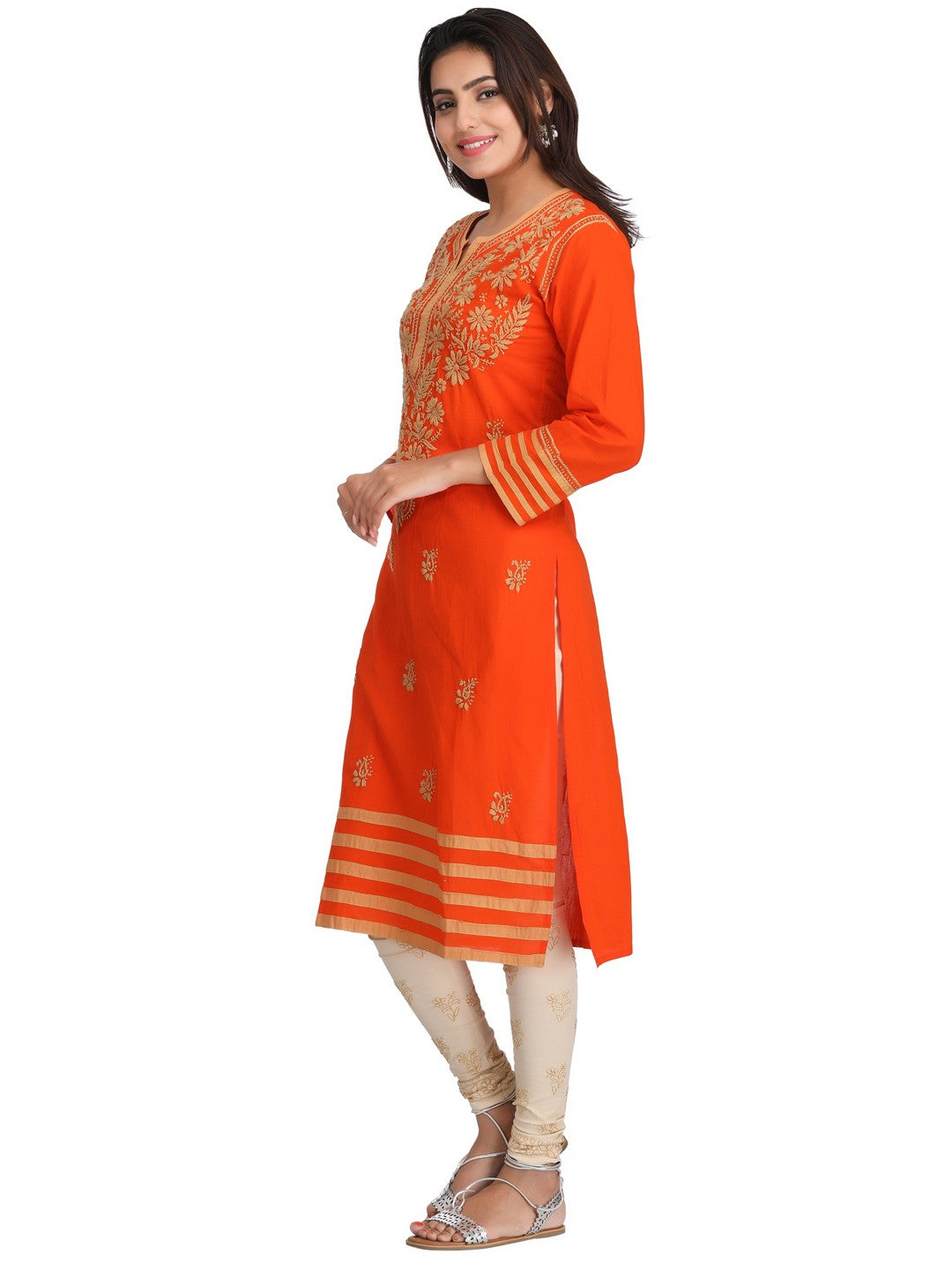 Ada Hand Embroidered Orange Cotton Lucknowi Chikankari Straight  Kurta A226128