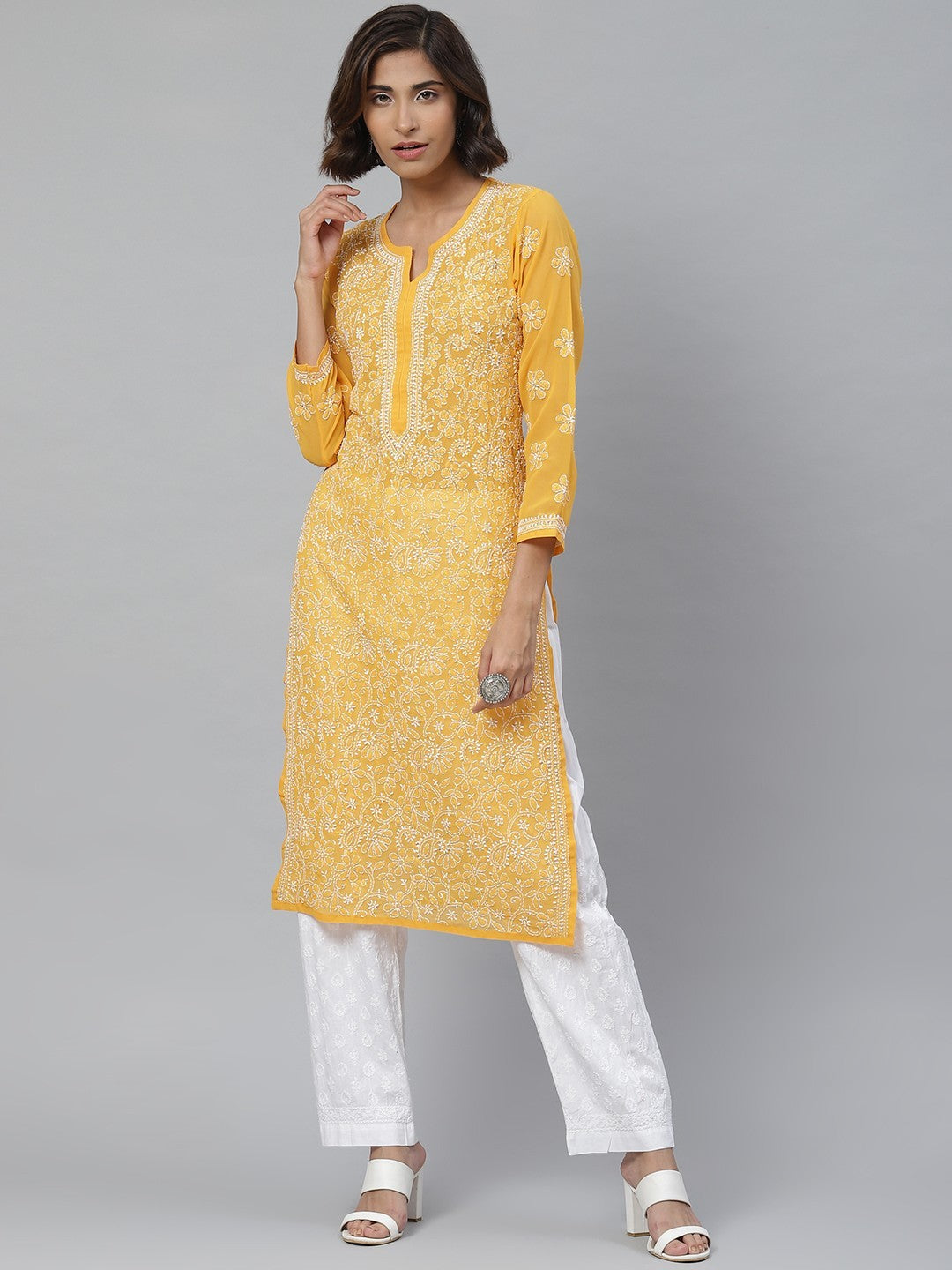 Ada Hand Embroidered Mustard Georgette Lucknowi Chikankari Straight Kurta With Palazzo A811115