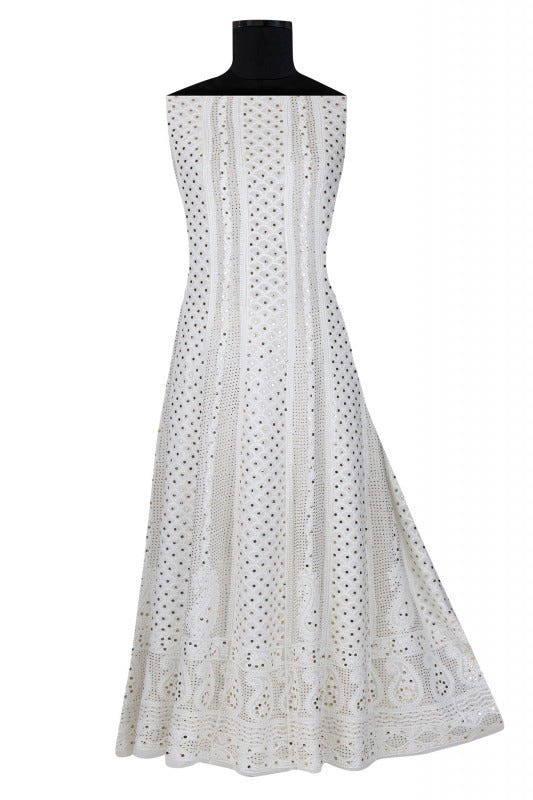 Ada Hand Embroidered White Georgette Lucknowi Chikankari Semi-stitched Anarkali Kurta Dupatta Set With Muqaish Work- A621527
