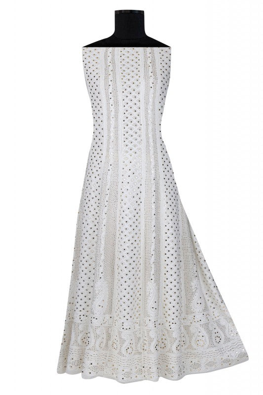 Ada Hand Embroidered White Georgette Lucknowi Chikankari Semi-stitched Anarkali Kurta Dupatta Set With Muqaish Work- A621527